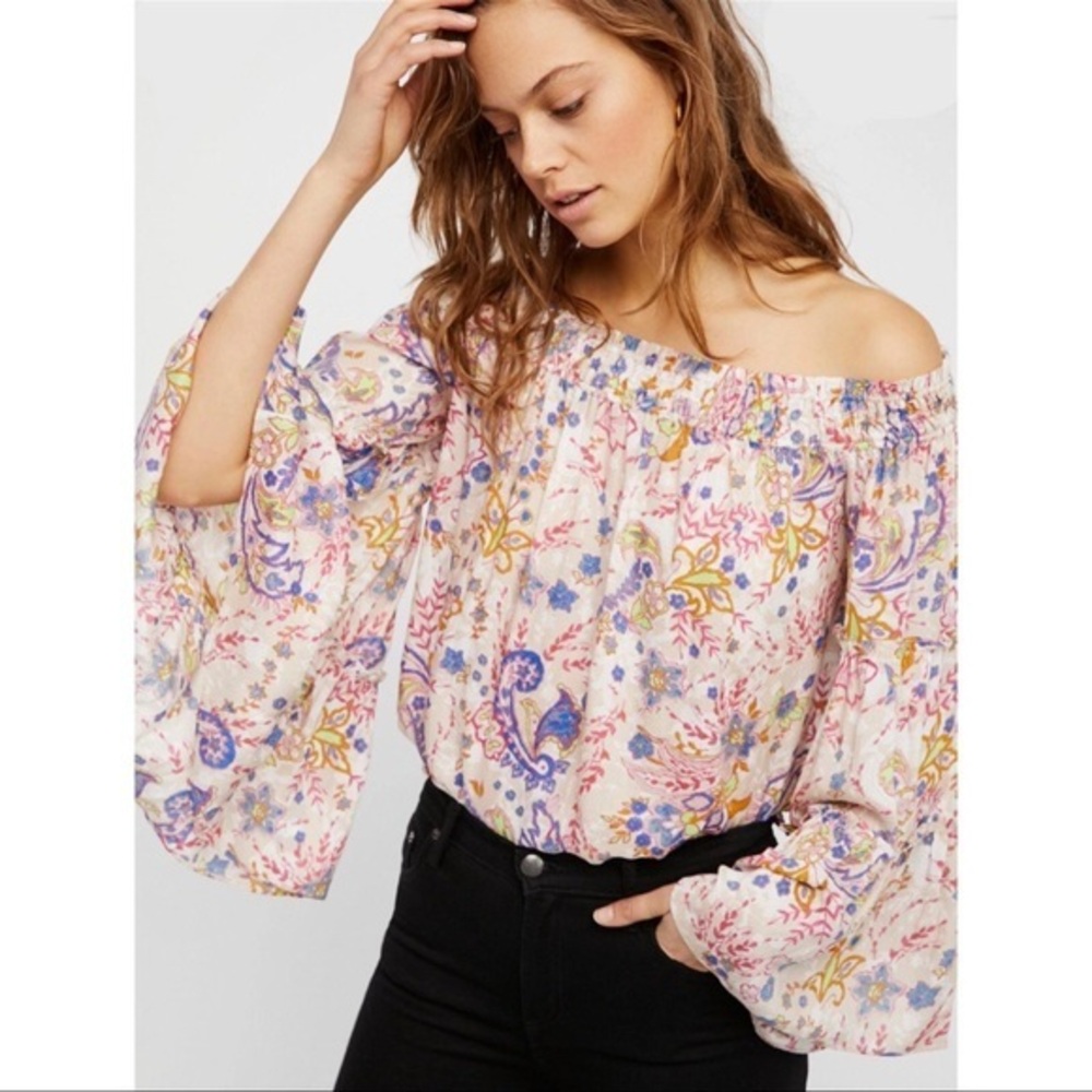 Free People NWT Boho Paisley Printed Top In Neutral Size L Wide Sleeves